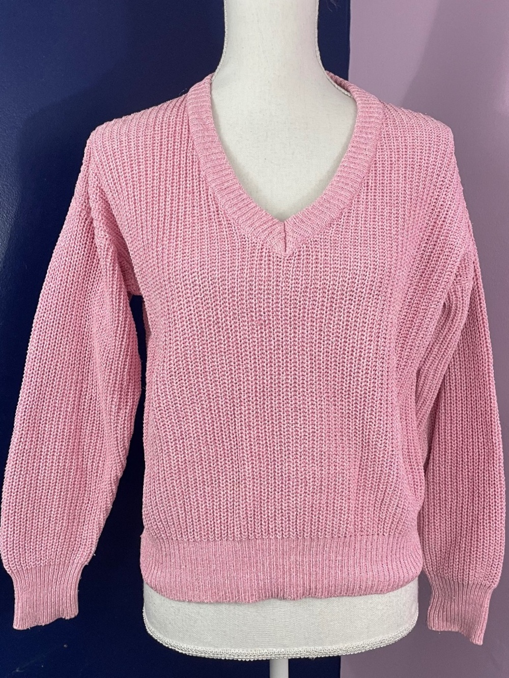 Linen Blend Sparkly Sweater L Metallic Blush Pink V-Neck Balloon Long Sleeve Top